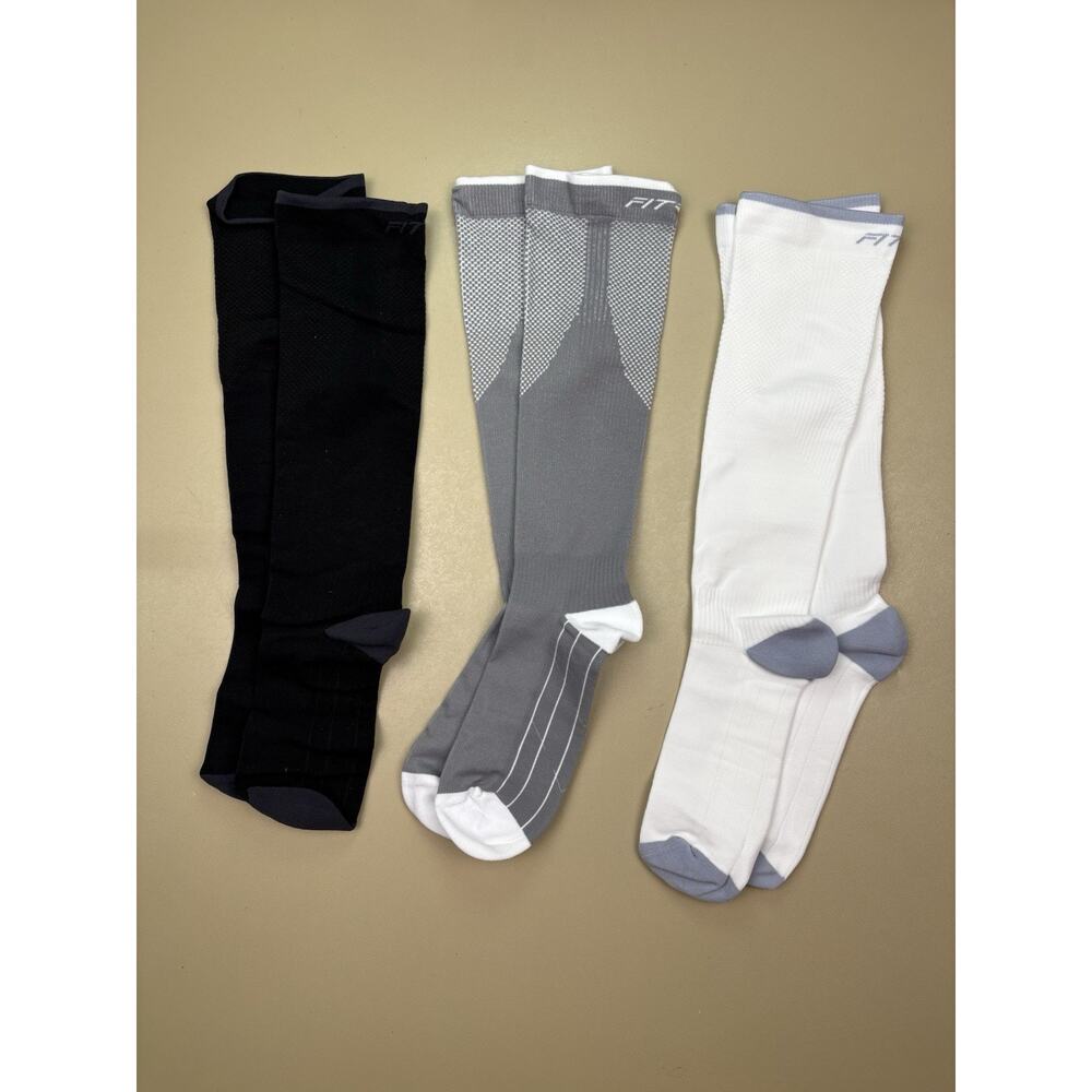 Fitrell Compression Socks L XL Gray White Knee High Athletic Travel NIB
